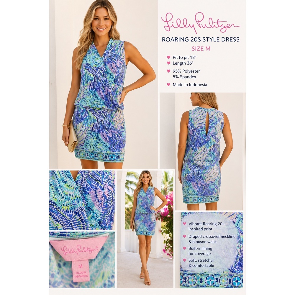 Lilly Pulitzer Roaring 20s Style Blue Purple Print Blouson‎ Dress Medium